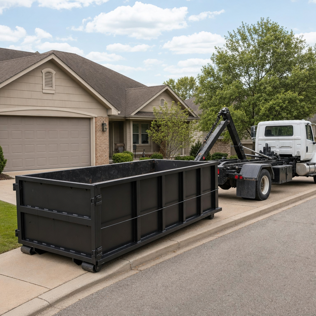 Wide documentary shot of a matte-black roll-off dumpster on a Coral Springs residential driveway in the foreground and a contractor jobsite container in the soft-focus background, bright daylight, calm and orderly composition.